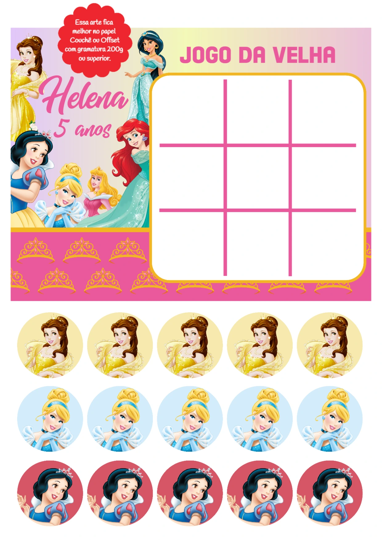 Jogo da Velha Princesas Disney Editável para Aniversário