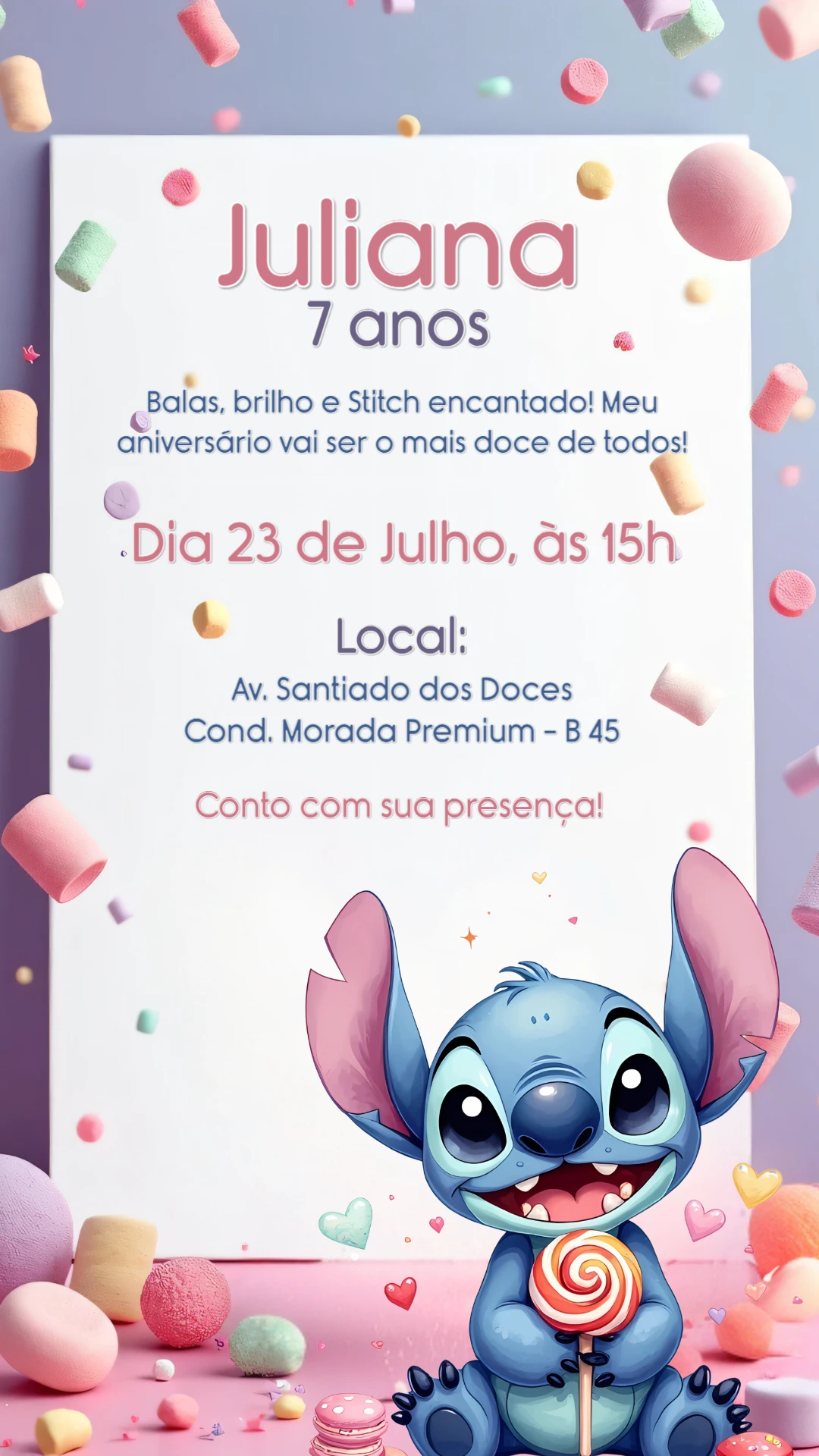 Convite de Aniversário Stitch Doce para Editar Online