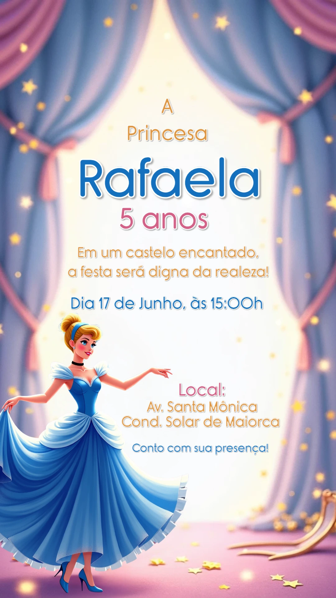 Convite de Aniversário Cinderela para Editar Online