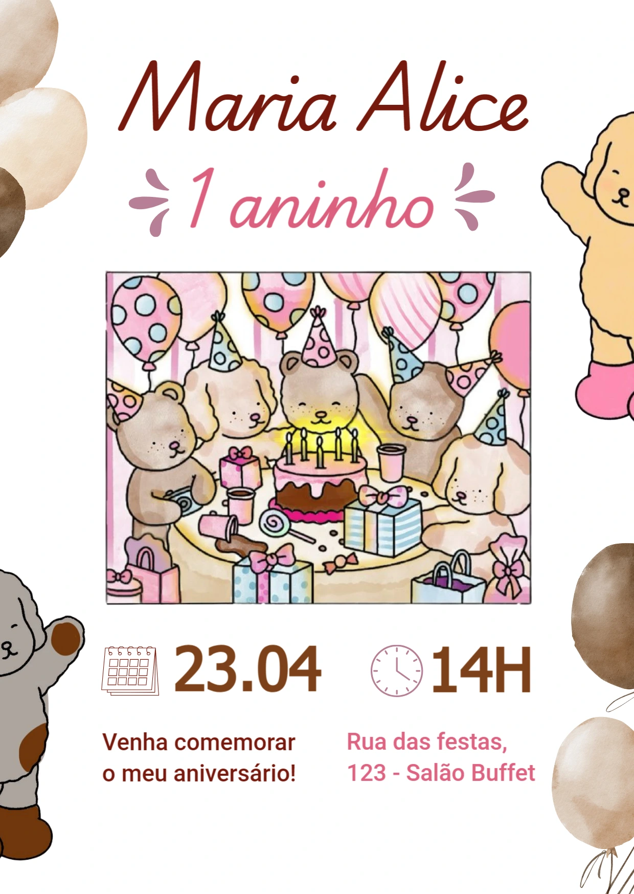 Convite de Aniversário Ursinhos Fofos para Editar Online