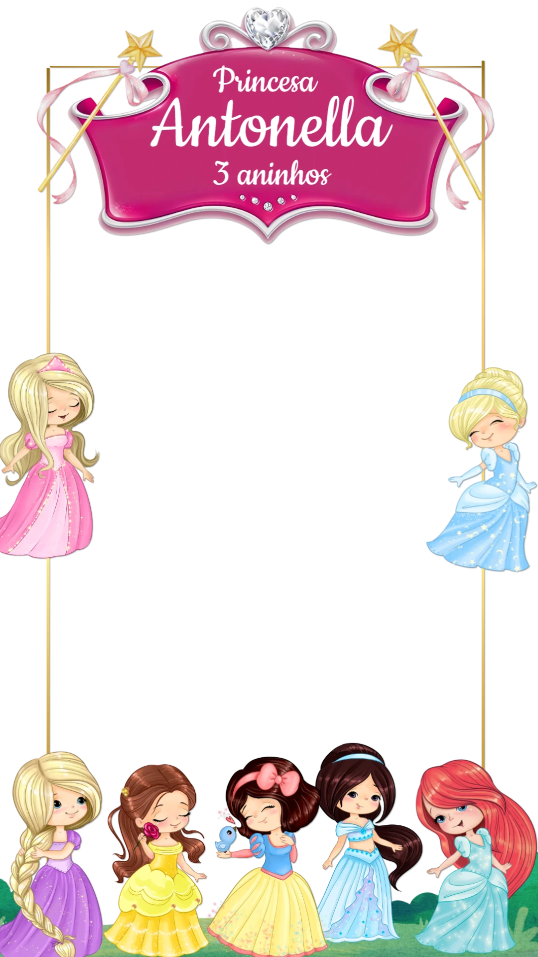 Moldura para Foto Aniversário Princesas Editável Online