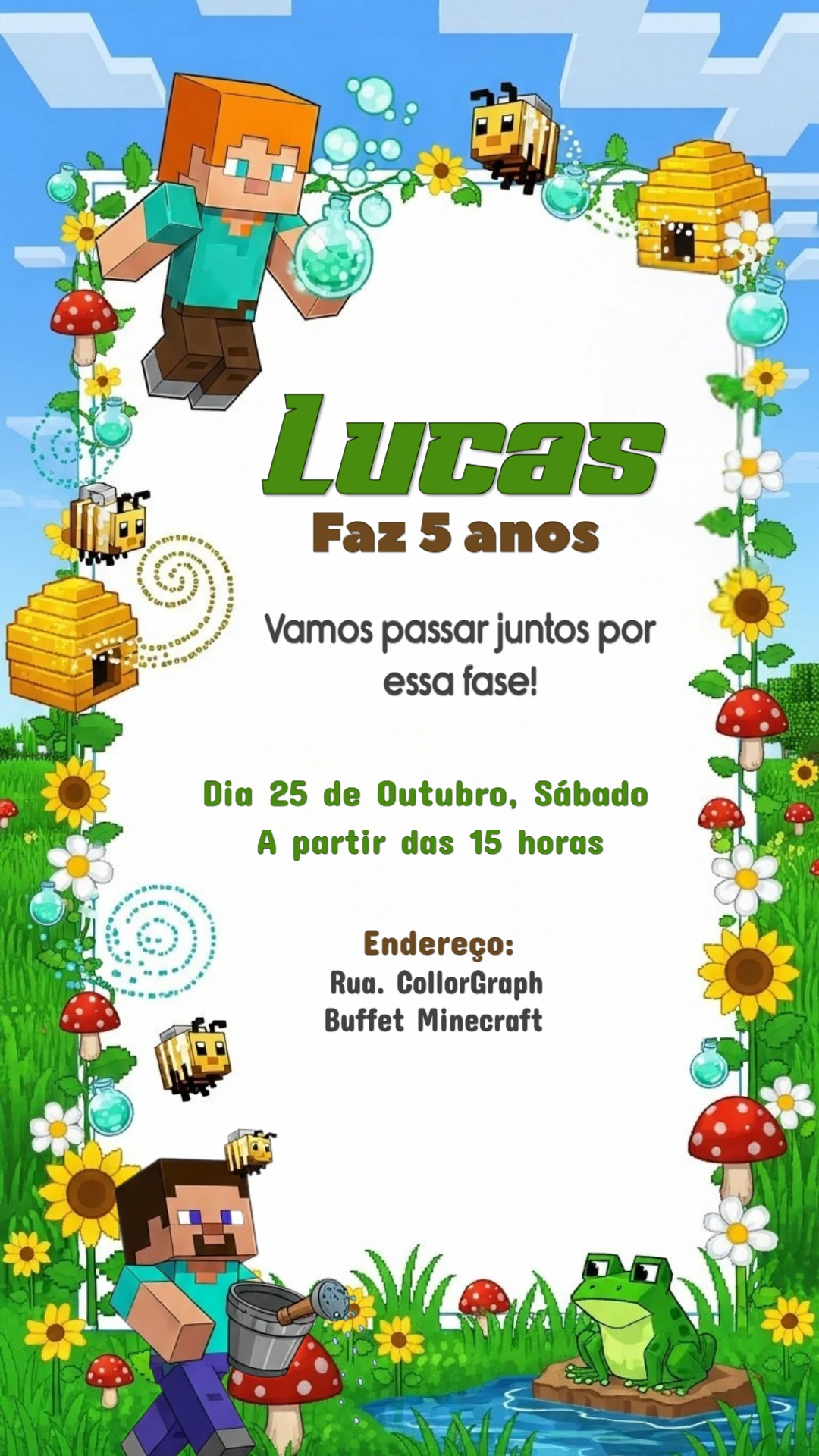 Convite de Aniversário Minecraft com Personagens para Editar