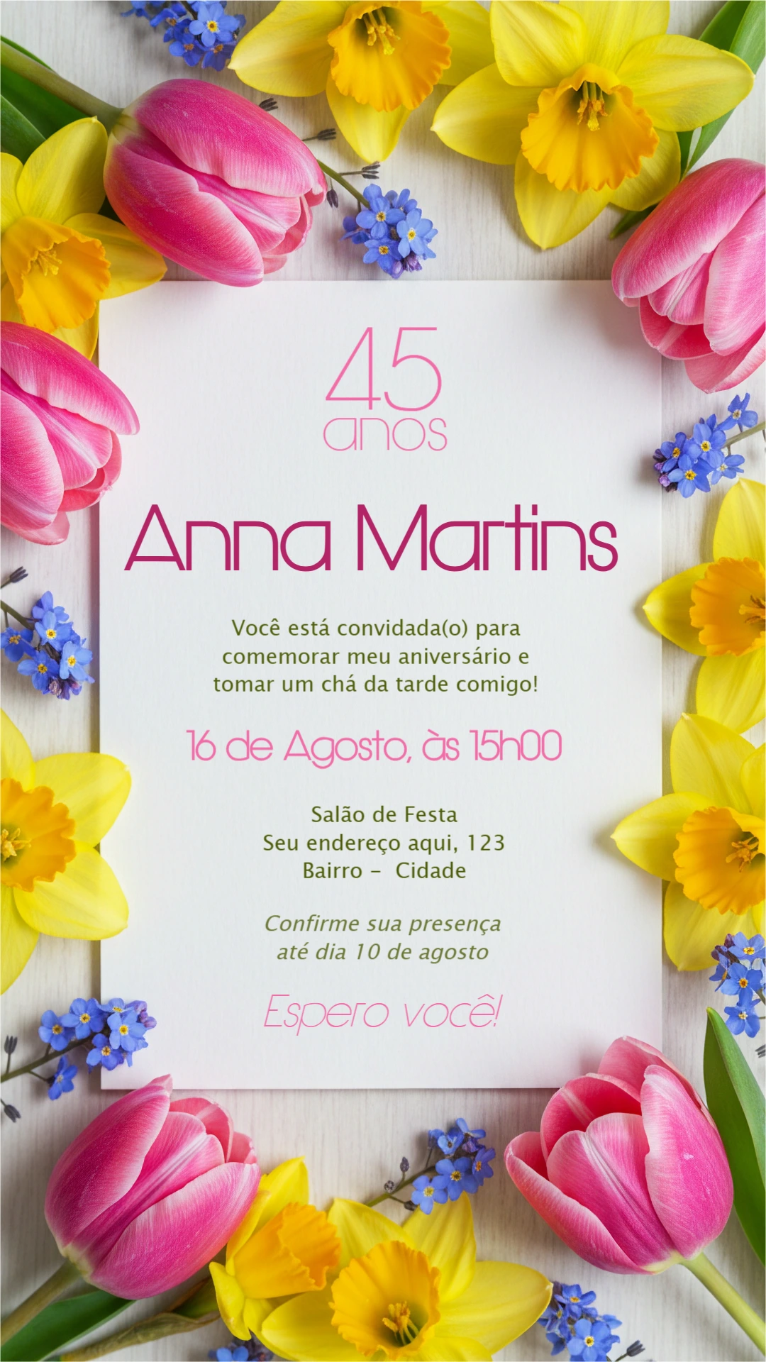 Convite de Aniversário com Tulipas e Flores para Editar Online
