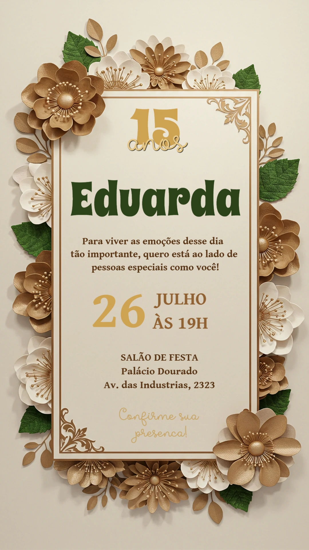 Convite de 15 Anos Floral Dourado Elegante para Editar