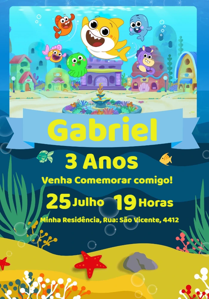 Convite de Aniversário Baby Shark para Editar Online