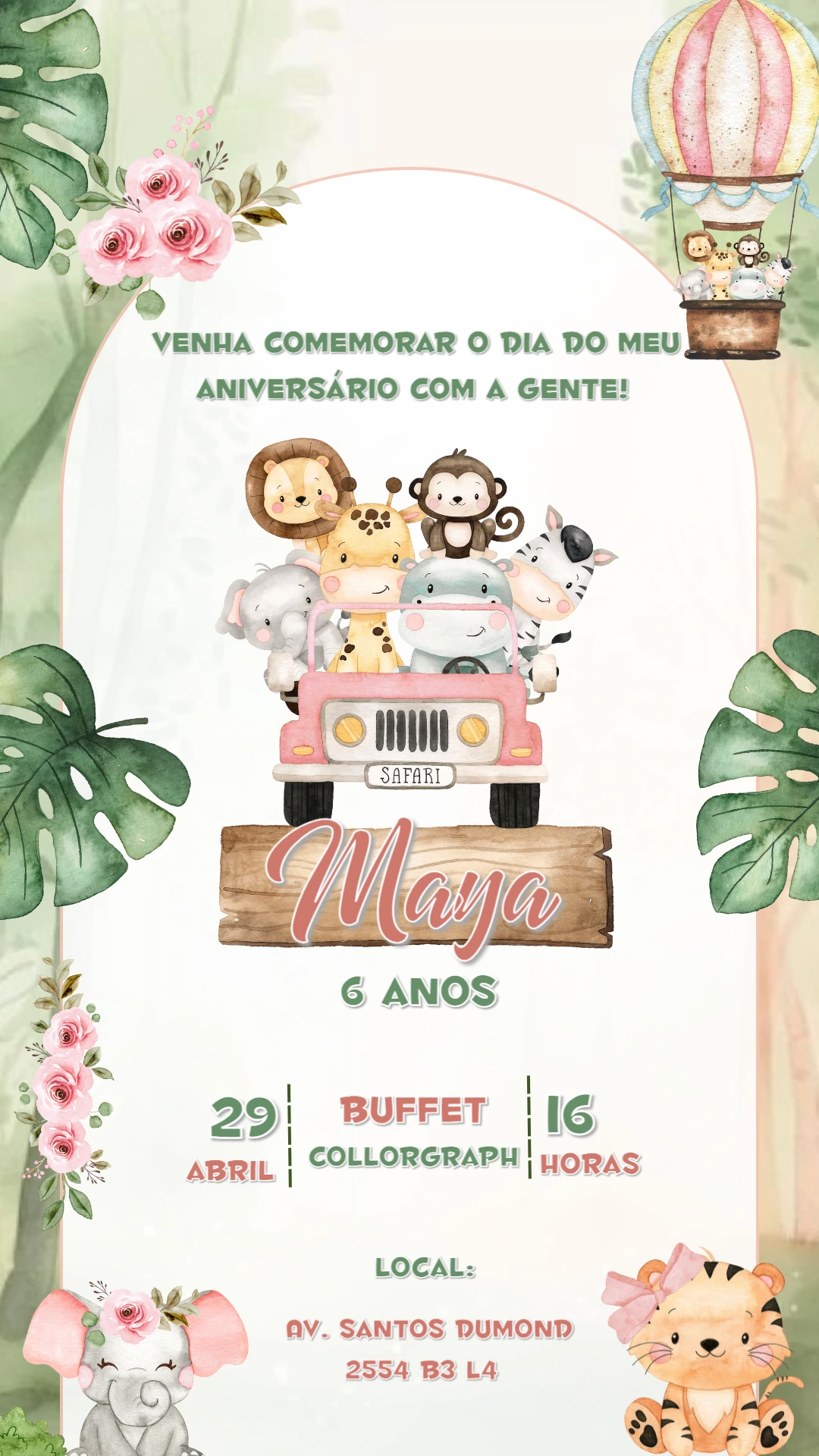 Convite Aniversário Safari Rosa com Animais para Editar