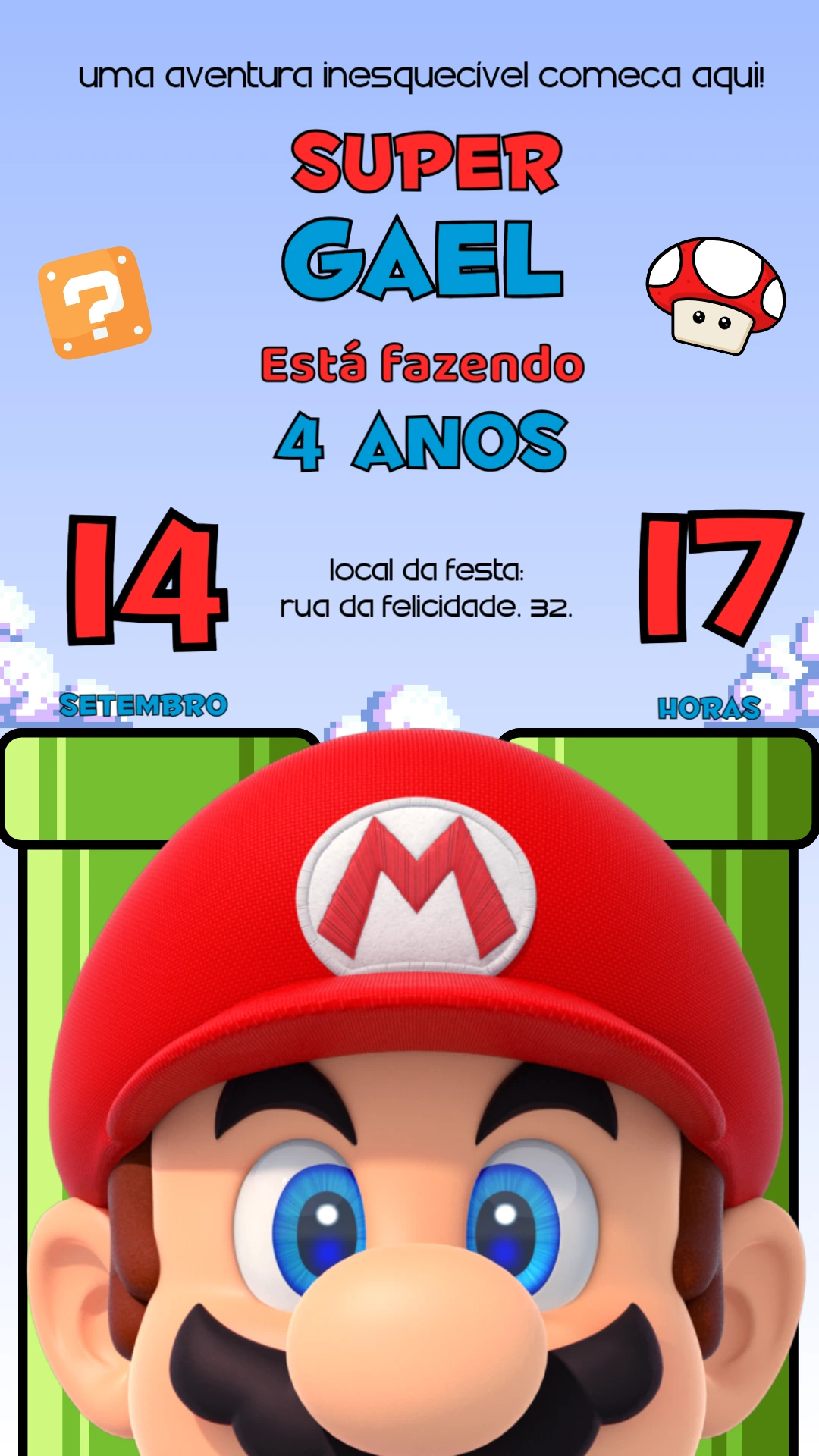 Convite Aniversário Super Mario para Editar Online