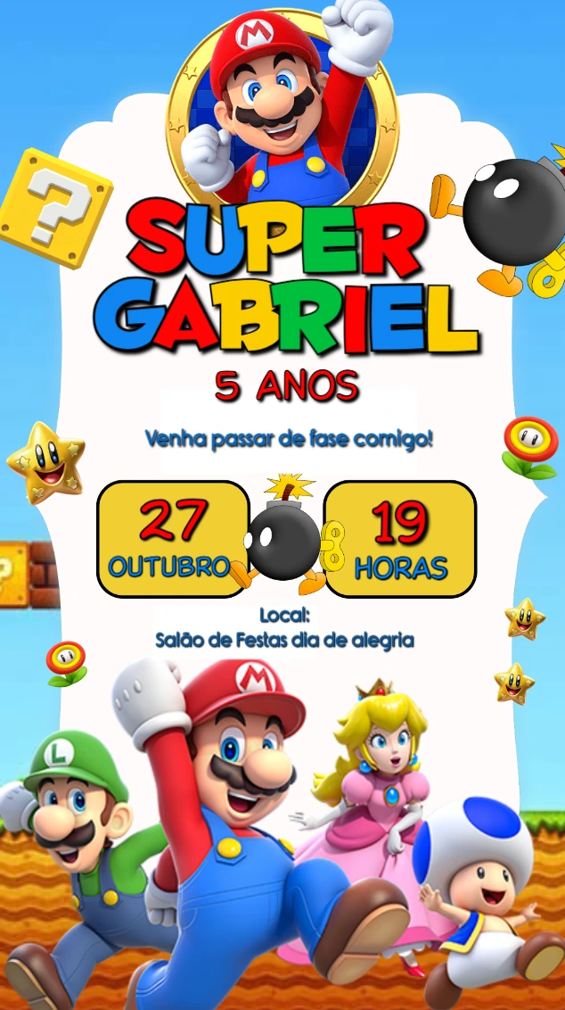 Convite Digital Super Mario Bros para Festa Infantil Editável