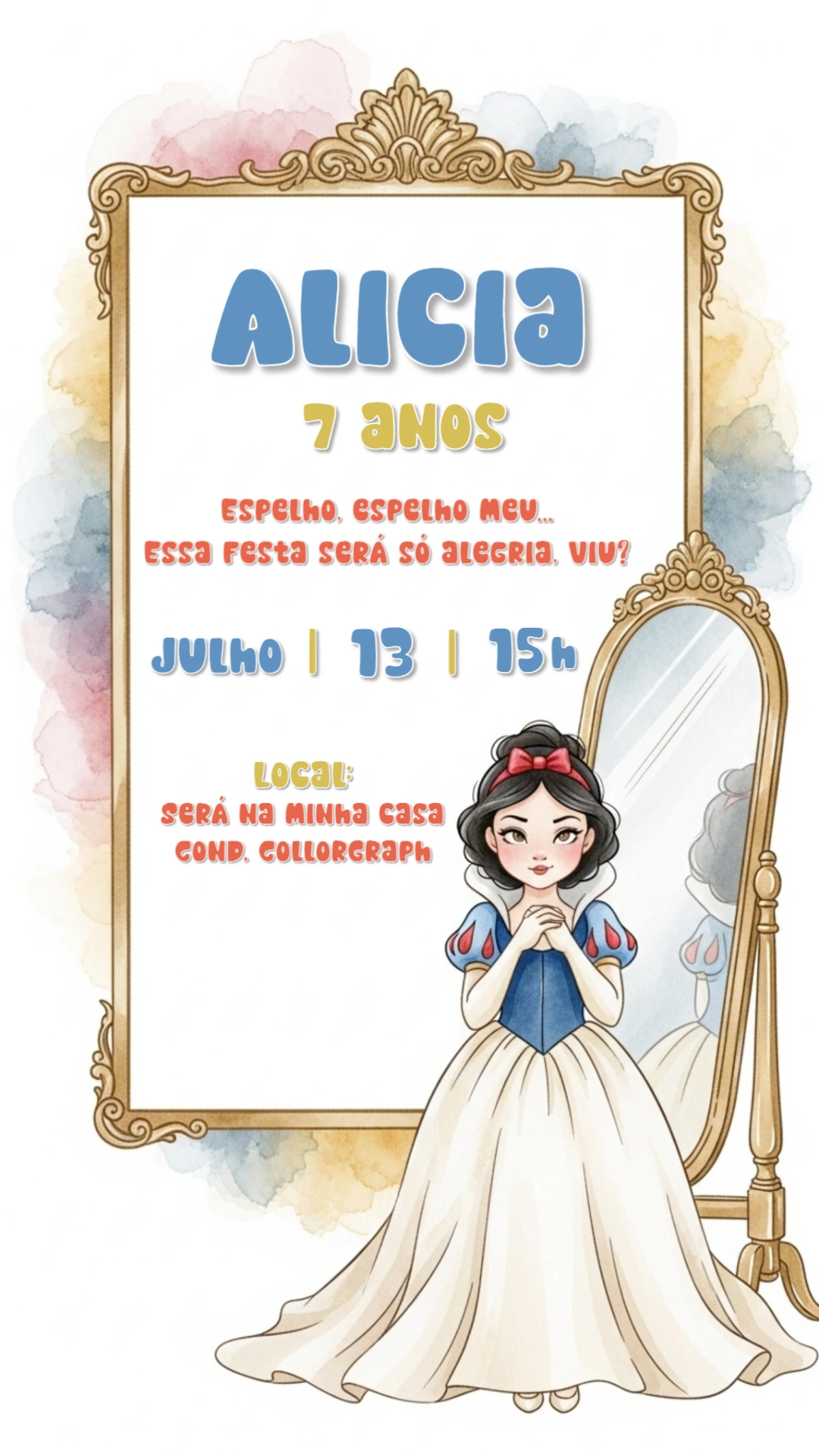 Convite Aniversário Branca de Neve com Espelho para Editar