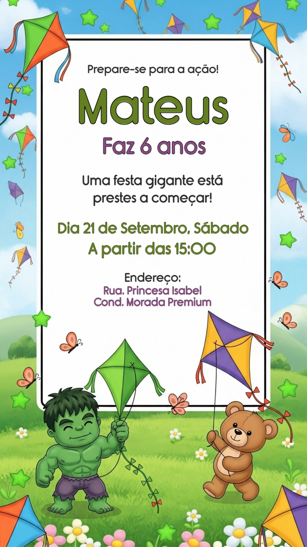 Convite Aniversário Incrível Hulk com Pipa para Editar Online