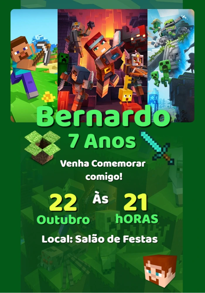 Convite de Aniversário Minecraft com Personagens para Editar
