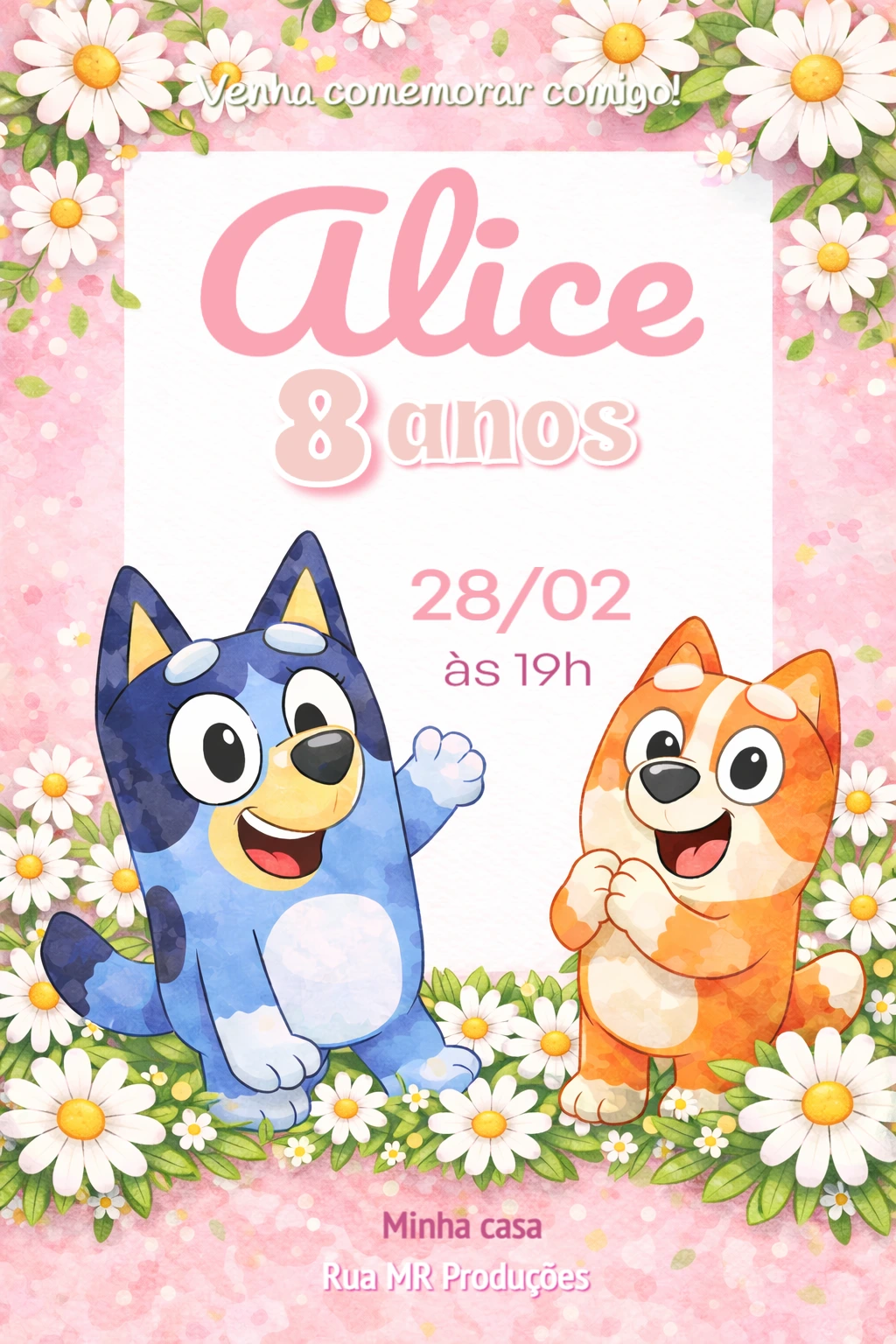 Vídeo Convite Bluey e Bingo Aniversário Floral para Editar