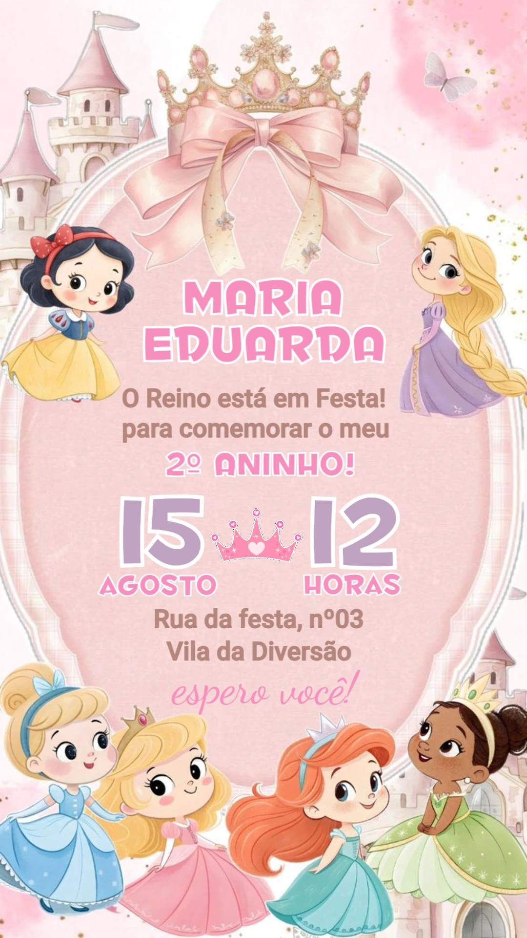 Convite de Aniversário Princesas Rosa Delicado para Editar