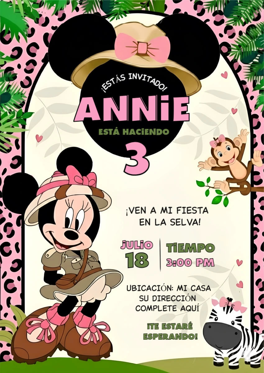 Invitación de Cumpleaños Minnie Safari para Editar Online
