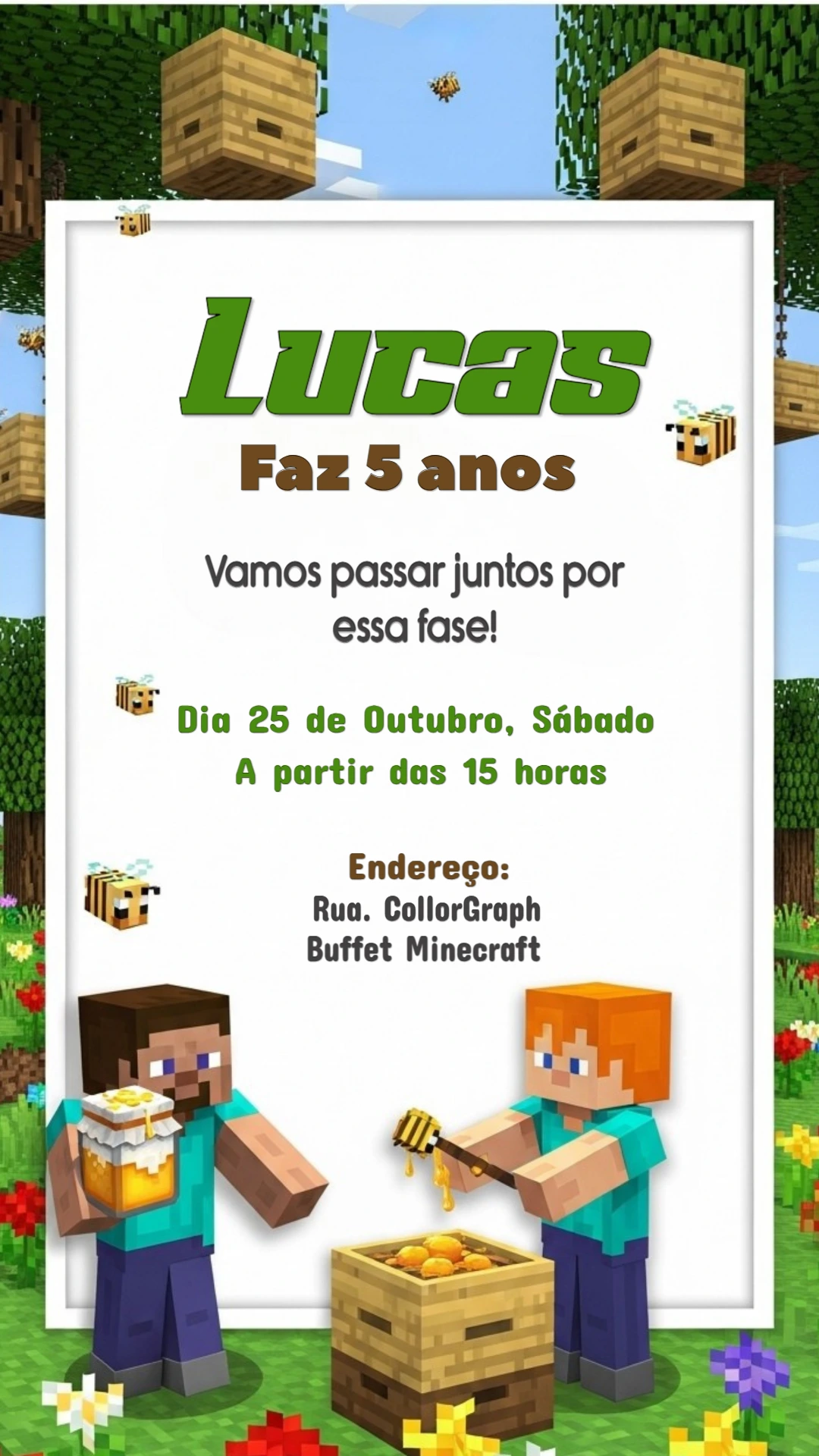 Convite de Aniversário Minecraft Abelhas para Editar Online