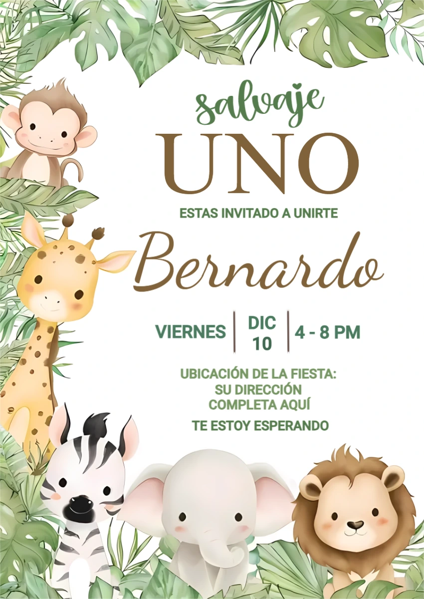 Invitación de Cumpleaños Selva Salvaje Editable para Primer Añito