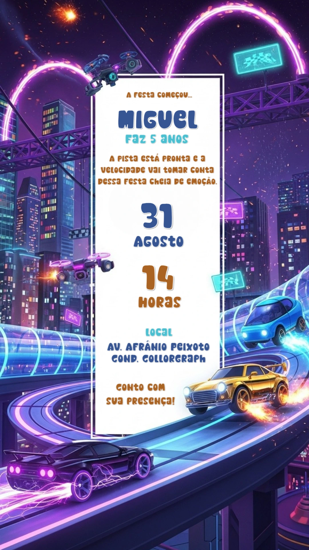 Convite de Aniversário Carros de Corrida Neon para Editar Online
