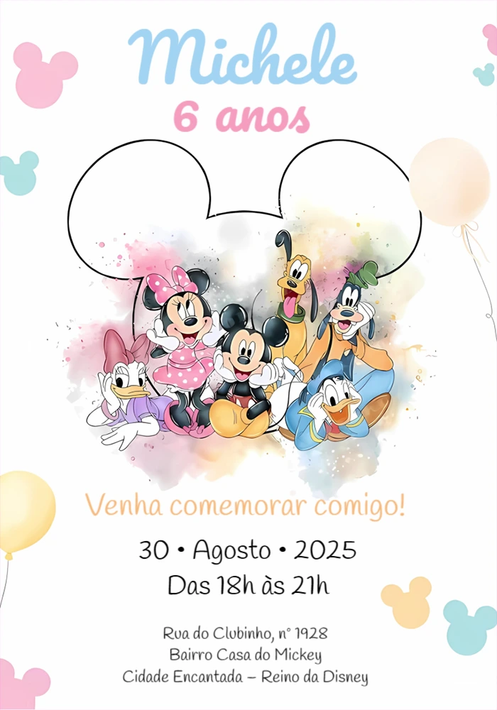 Convite de Aniversário Turma do Mickey para Editar Online