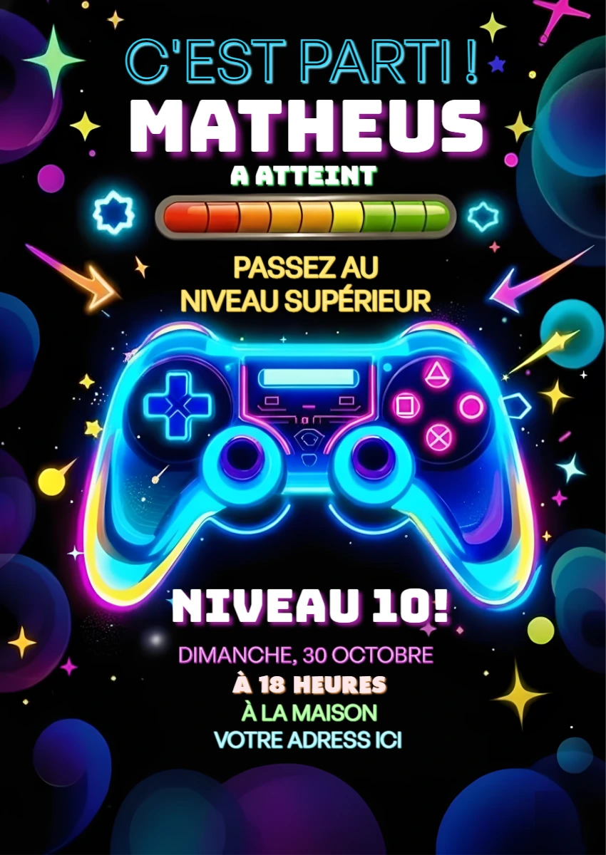 Invitation Anniversaire Jeu Vidéo Néon à Modifier