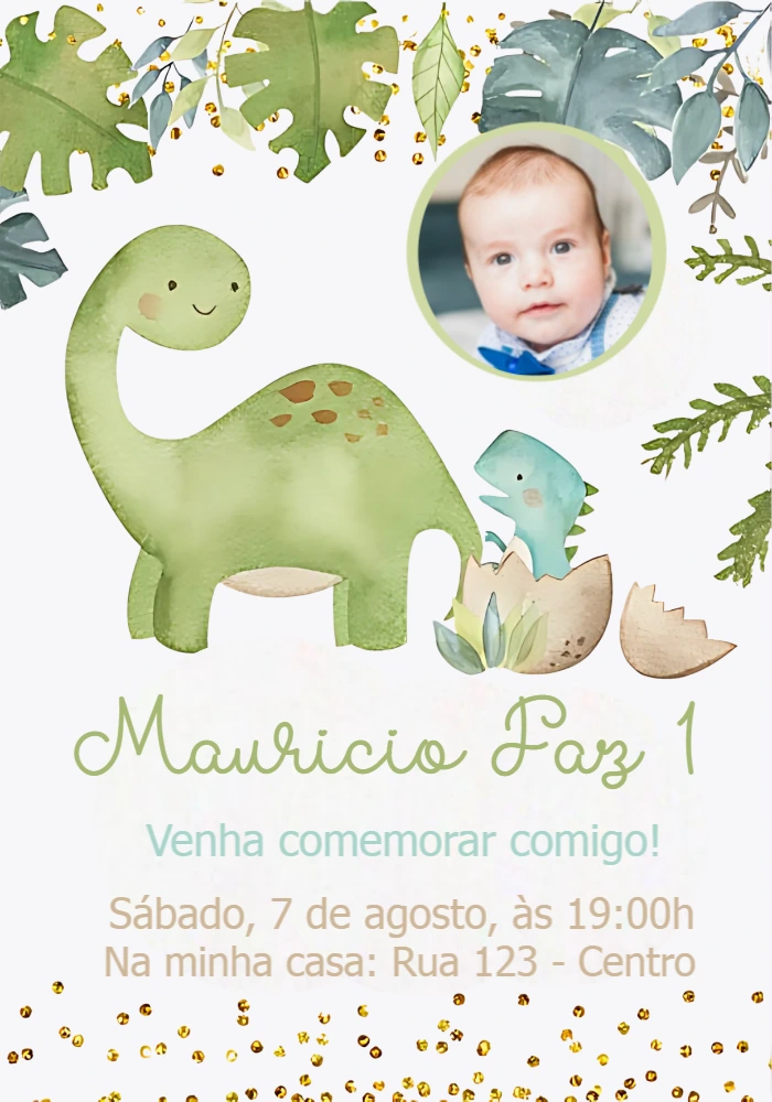 Convite Aniversário Dinossauro Baby com Foto para Editar Online