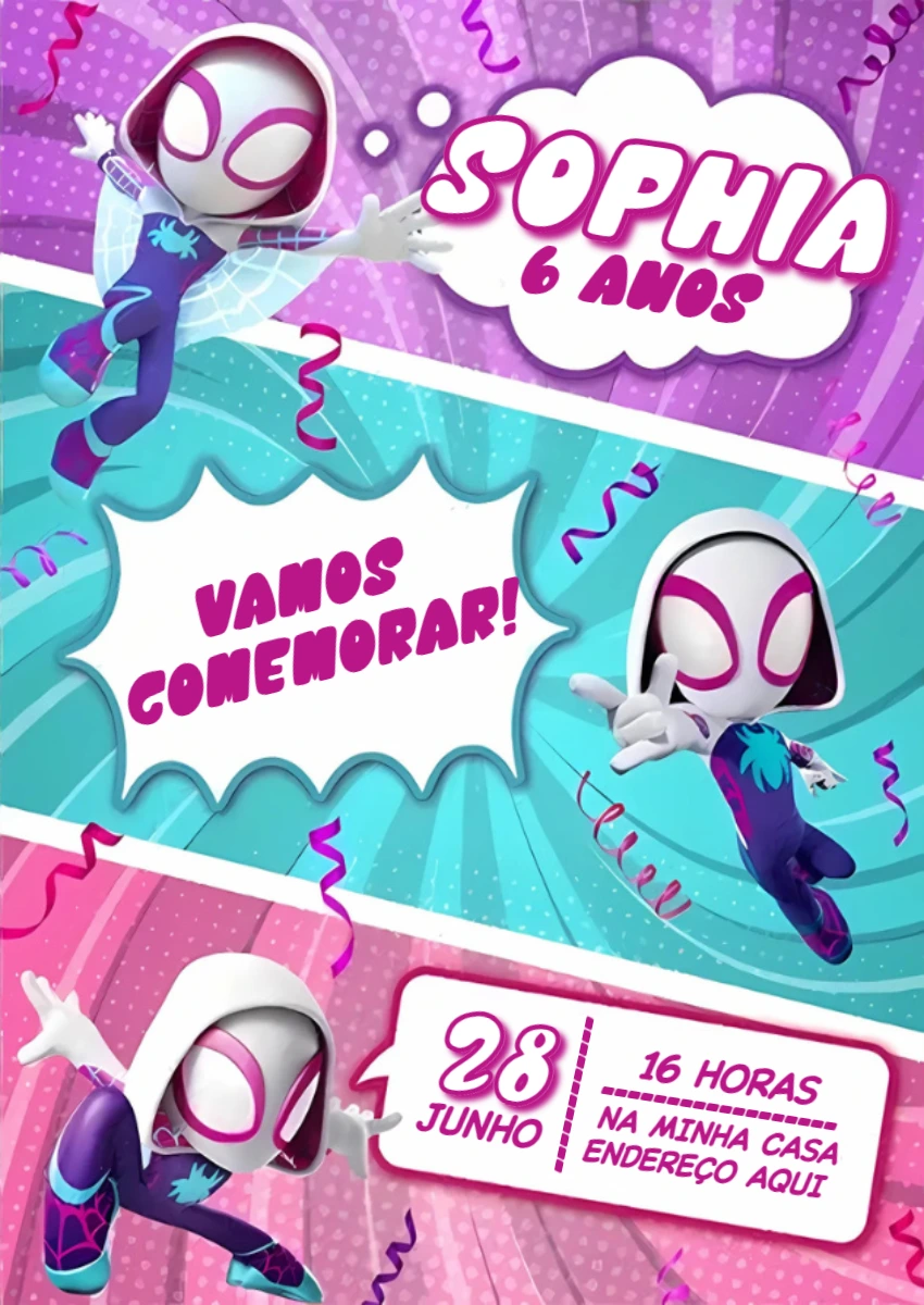 Convite Aniversário Gwen-Aranha Spidey para Editar Online
