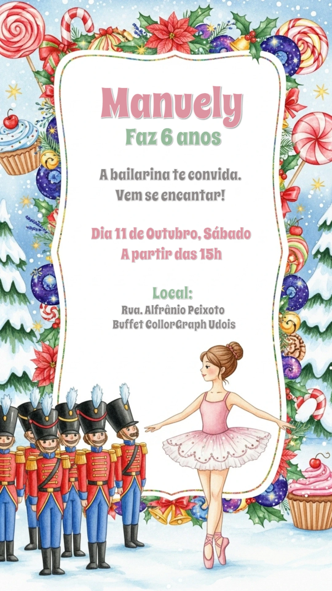 Convite Aniversário Bailarina Quebra-Nozes para Editar Online