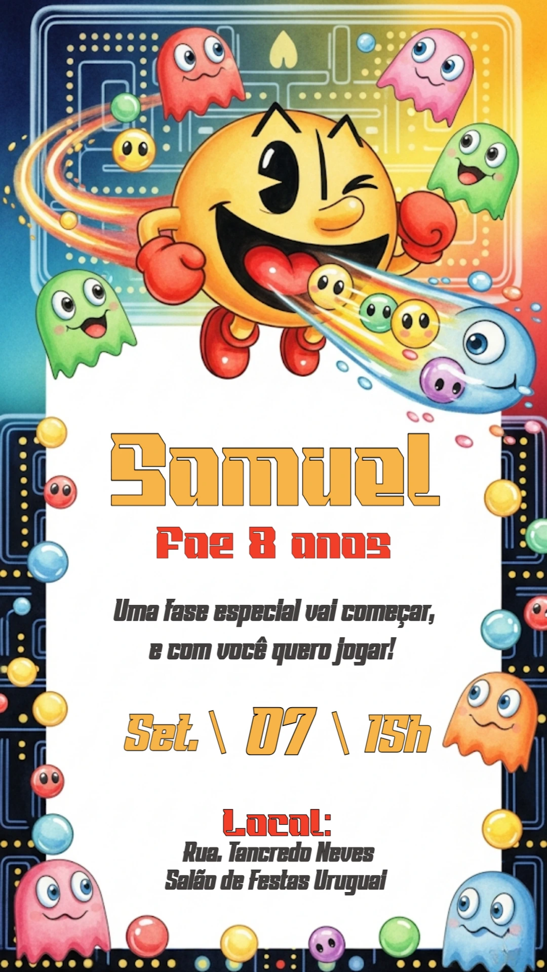 Convite de Aniversário Pac-Man com Fantasmas para Editar Online