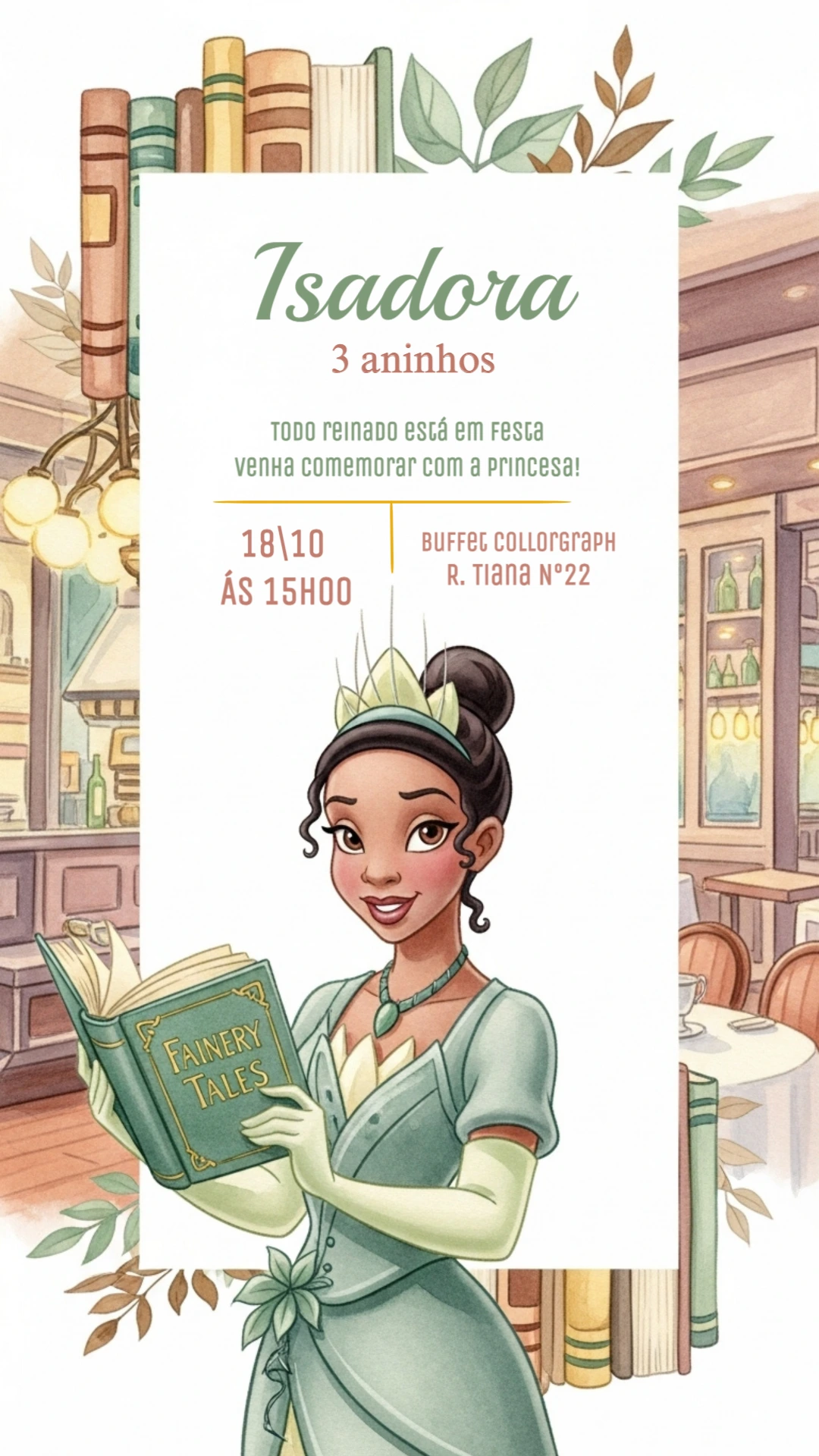 Convite de Aniversário Princesa Tiana para Editar Online