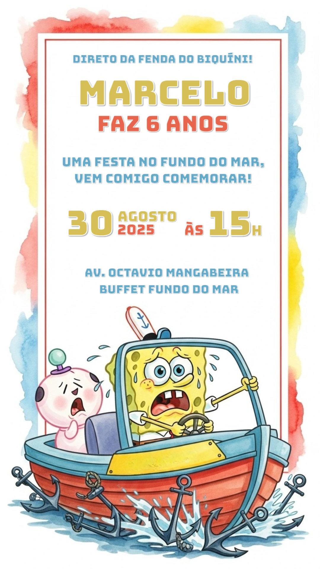 Convite de Aniversário Bob Esponja para Editar Online