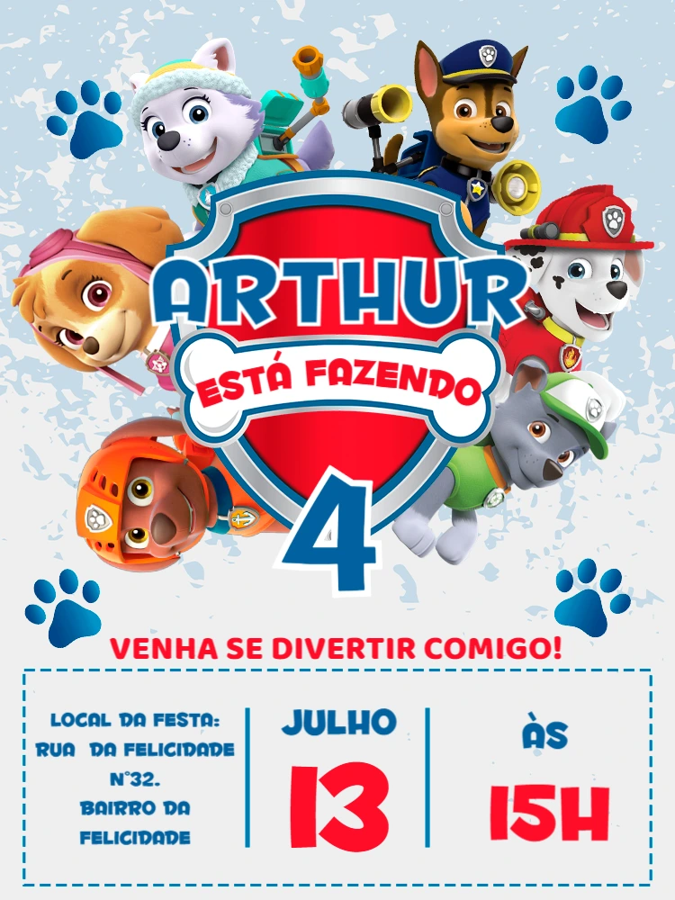 Convite Aniversário Patrulha Canina para Editar Online