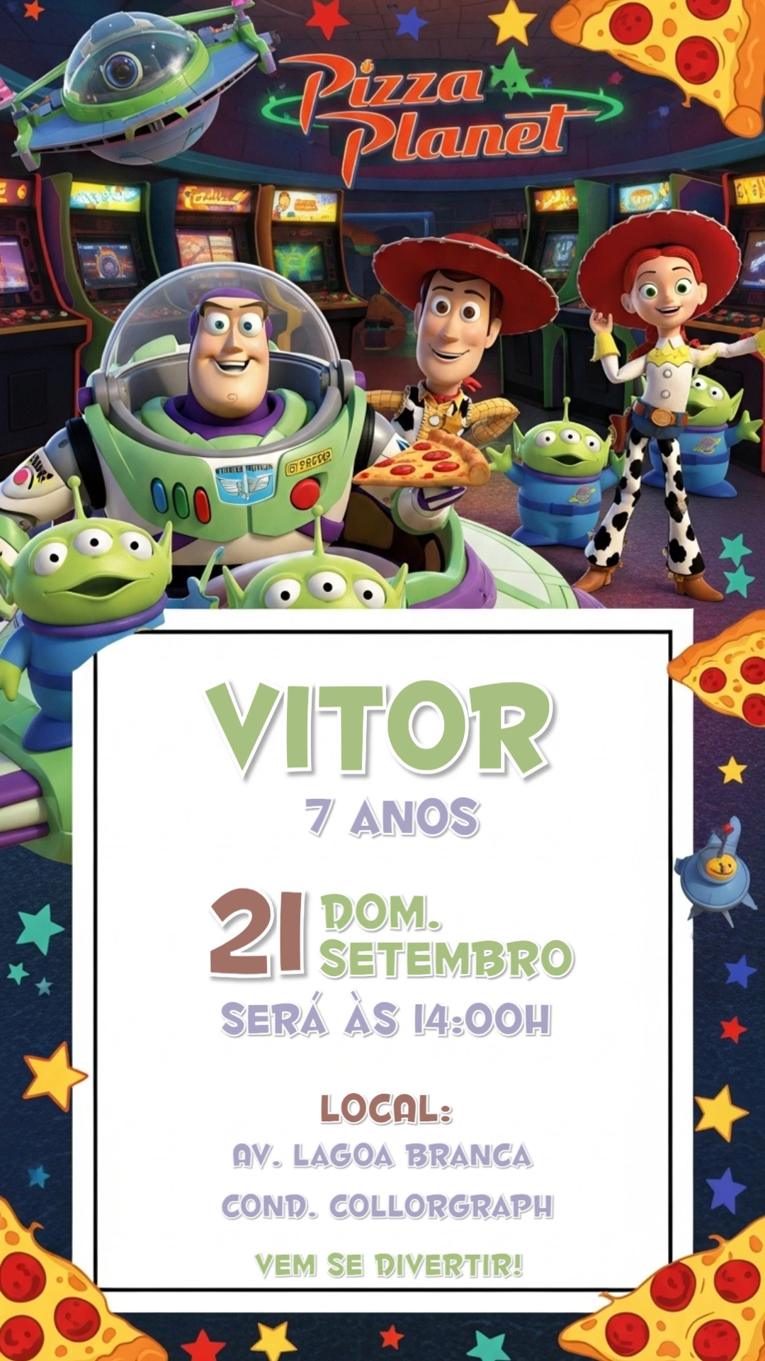 Convite de Aniversário Toy Story Pizza Planet para Editar Online