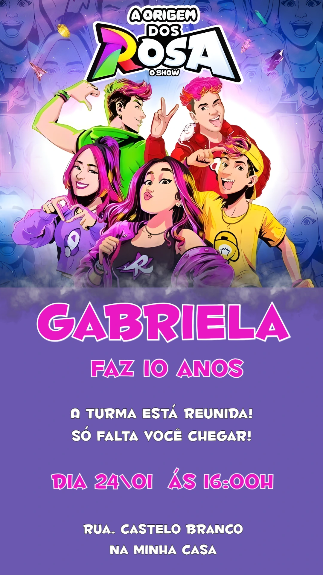 Convite de Aniversário A Origem dos Rosa Editável