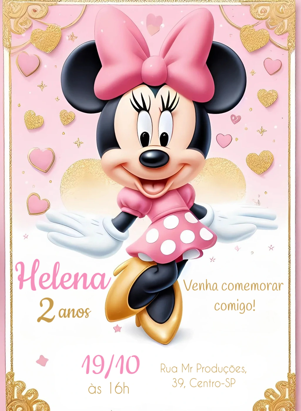 Convite de Aniversário Minnie Rosa Editável Online