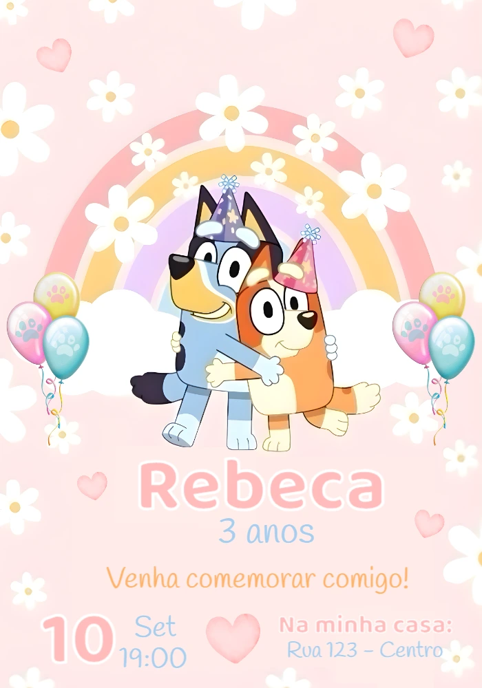 Convite Aniversário Bluey e Bingo rosa para Editar Online