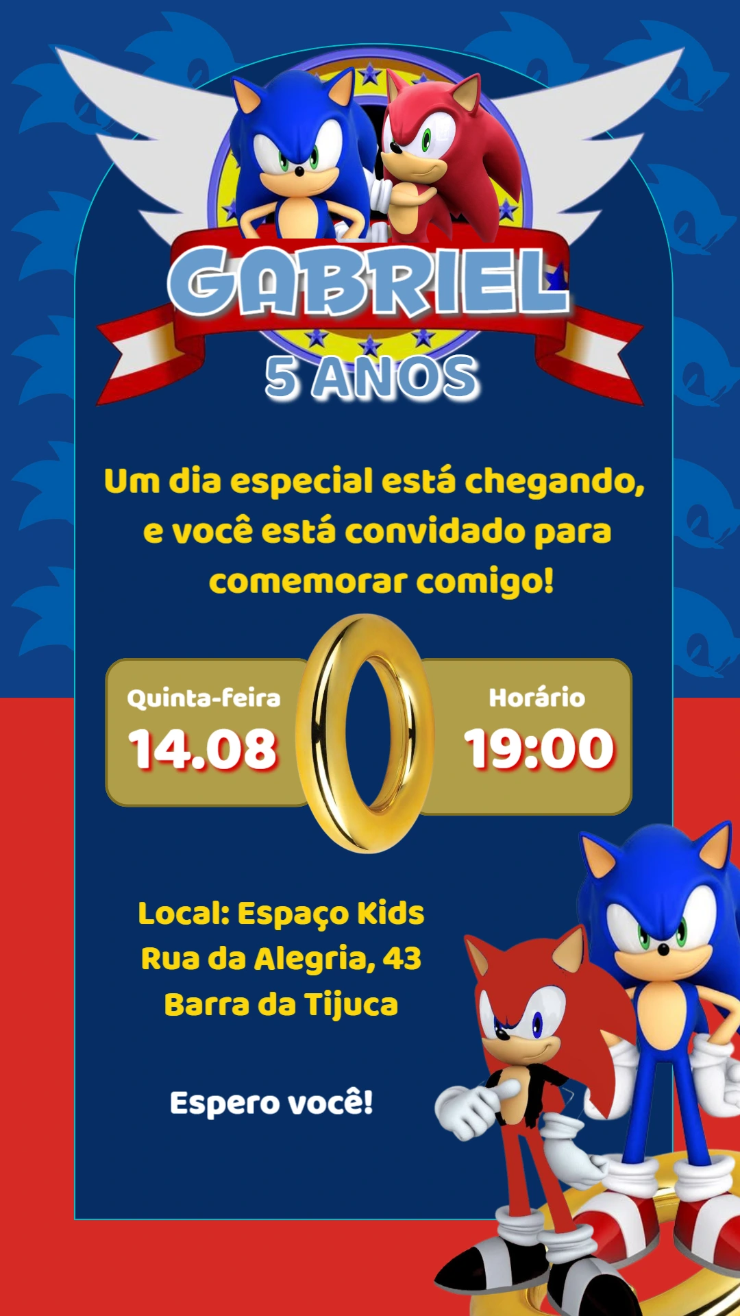 Convite de Aniversário Sonic com Personagens para Editar Online