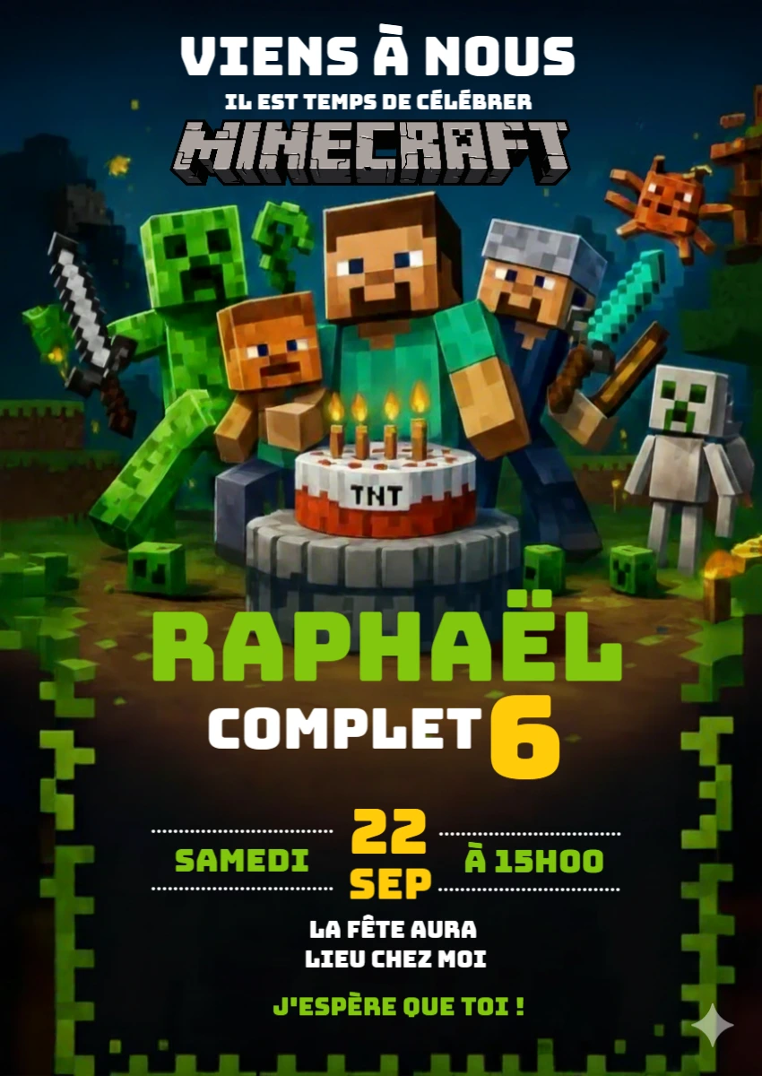 Invitation Anniversaire Minecraft à Personnaliser en Ligne