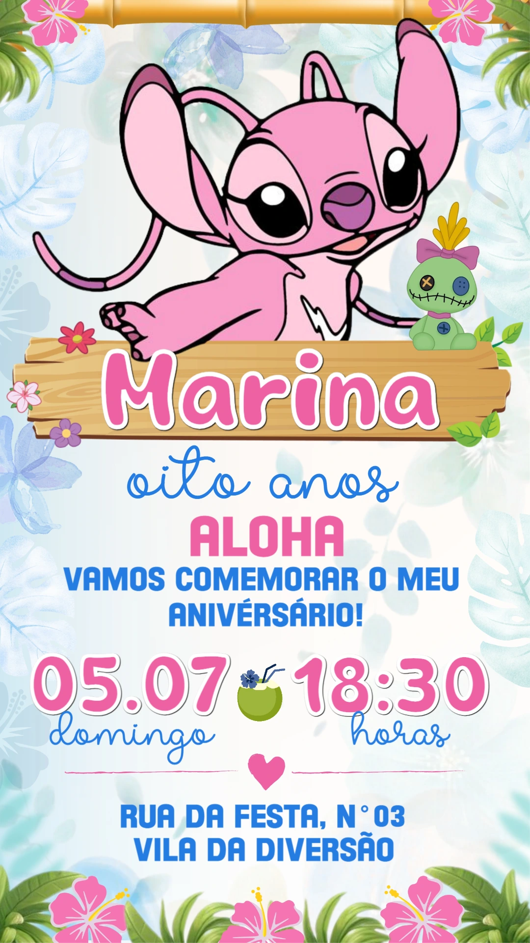 Convite de Aniversário Angel Tropical Rosa para Editar