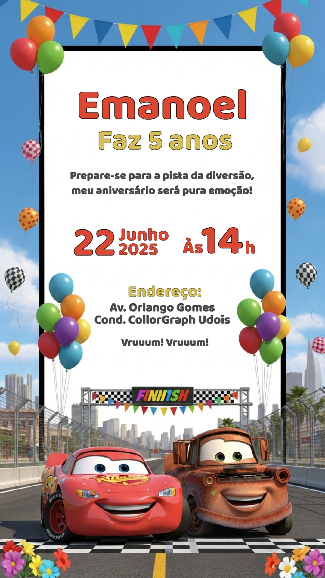 Convite de Aniversário Carros com McQueen para Editar Online