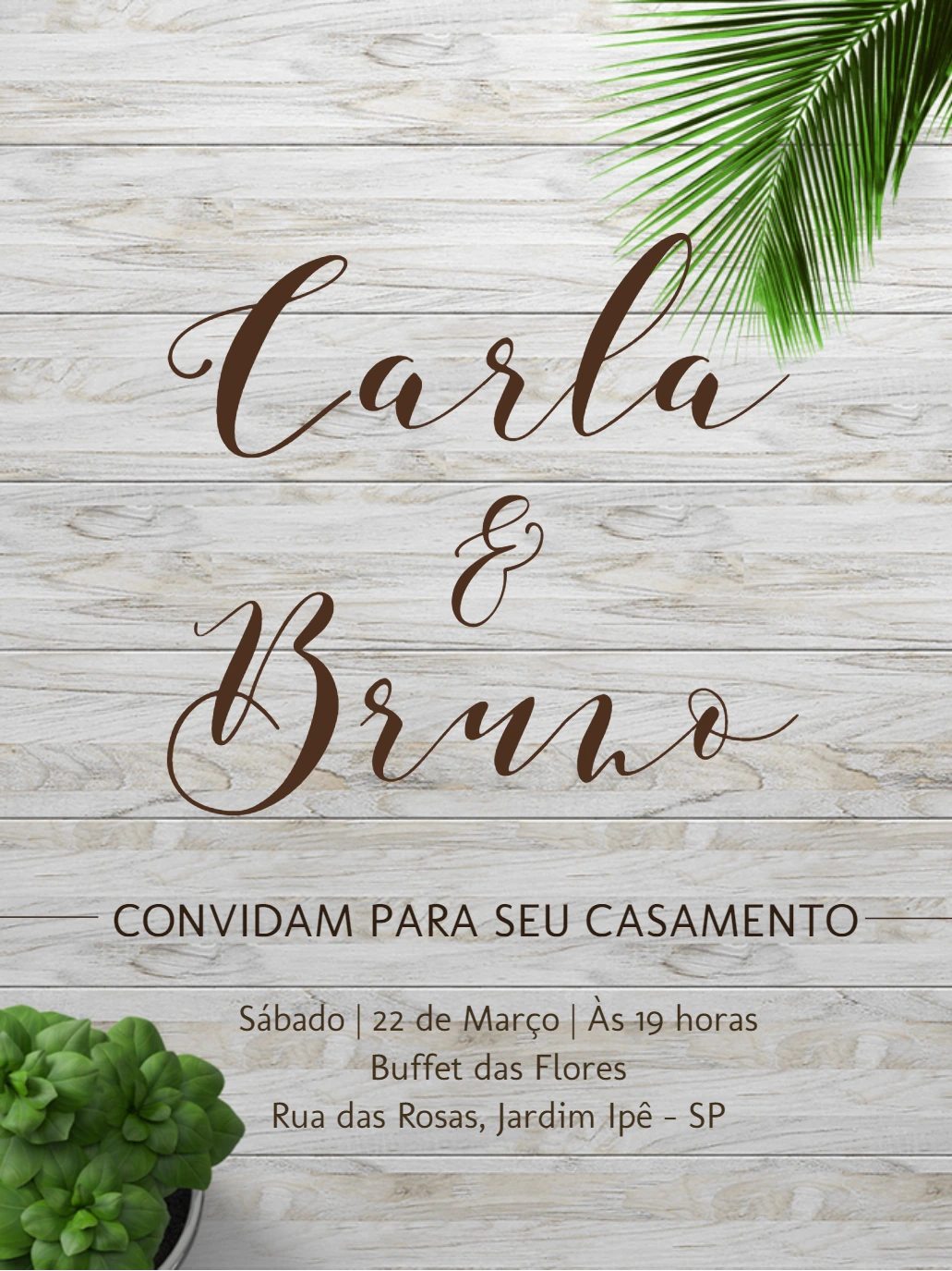 Convite de Casamento Rústico com Folhagem para Editar