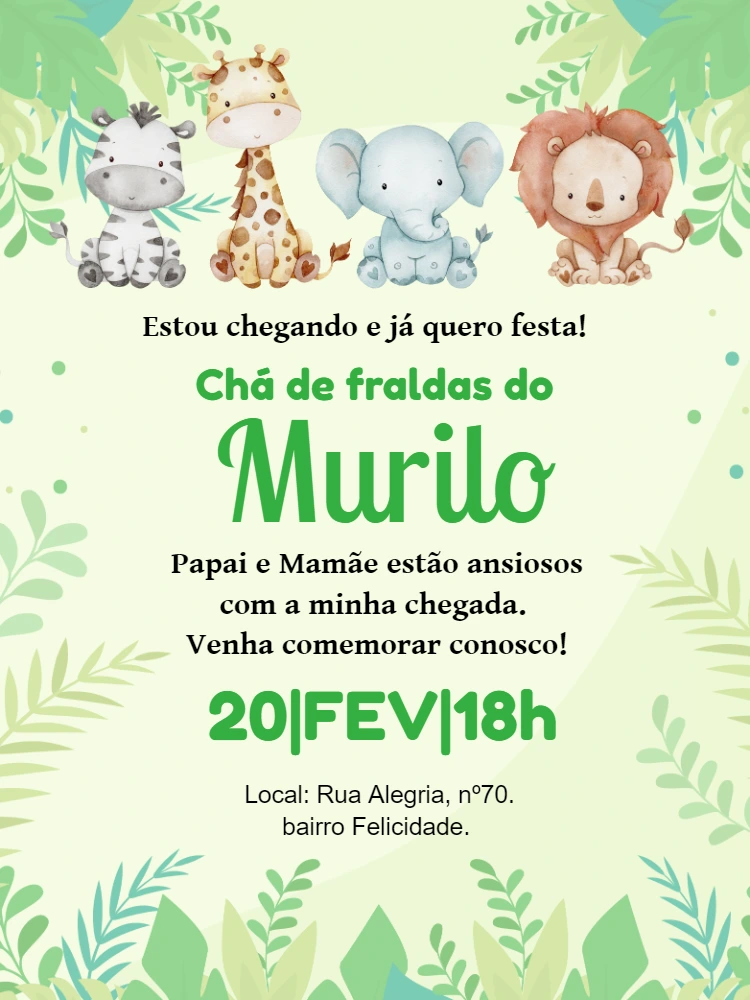 Convite Chá de Fraldas Safari com Animais para Editar Online