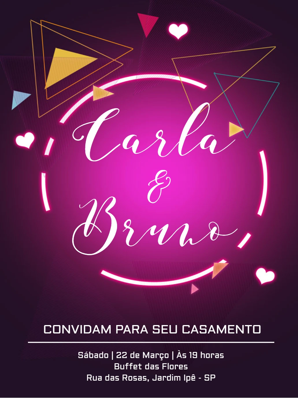 Convite de Casamento Neon Geométrico para Editar Online
