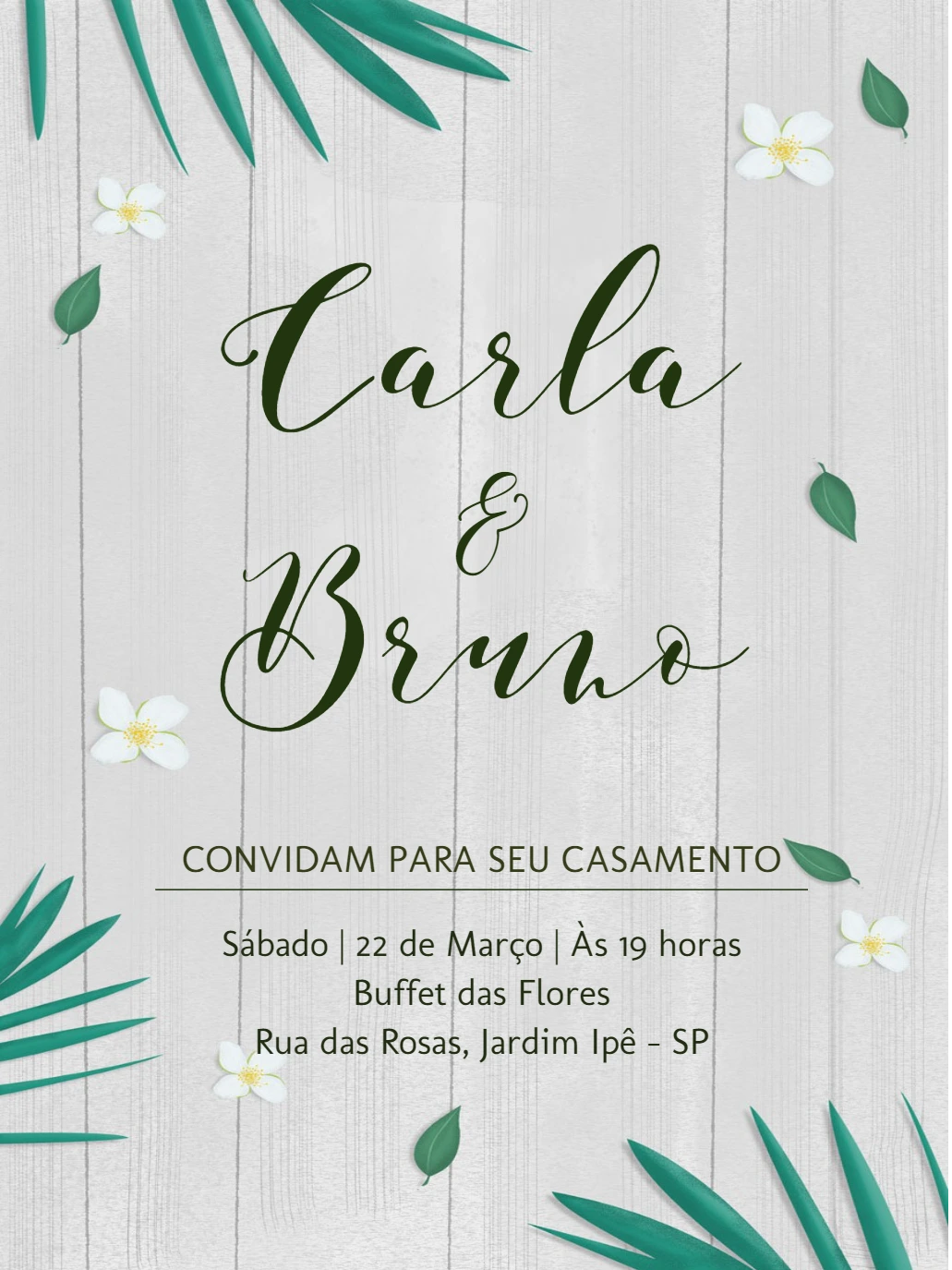 Convite Casamento Rústico Folhagens Verde Editável Online
