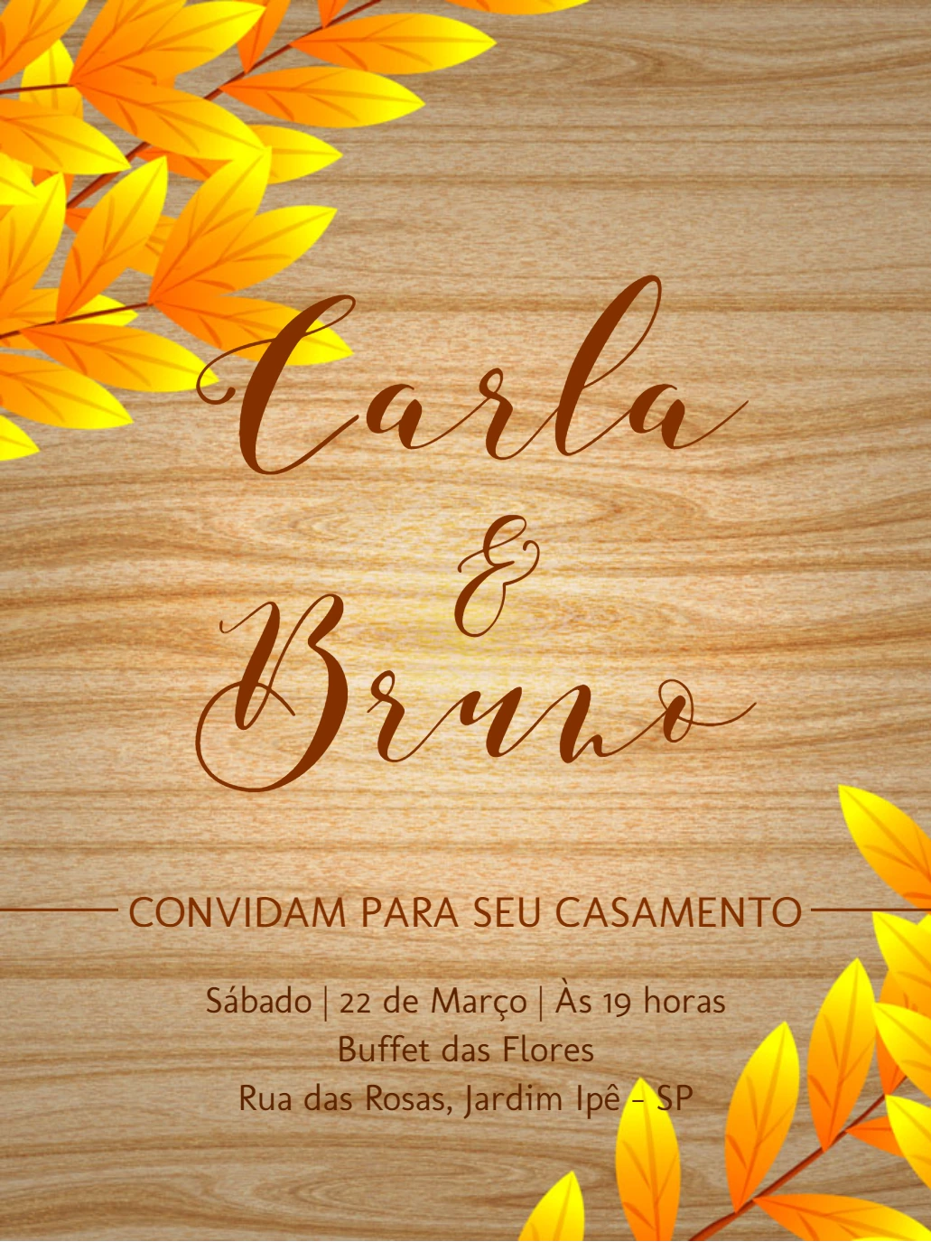 Convite de Casamento Rústico com Folhas para Editar Online