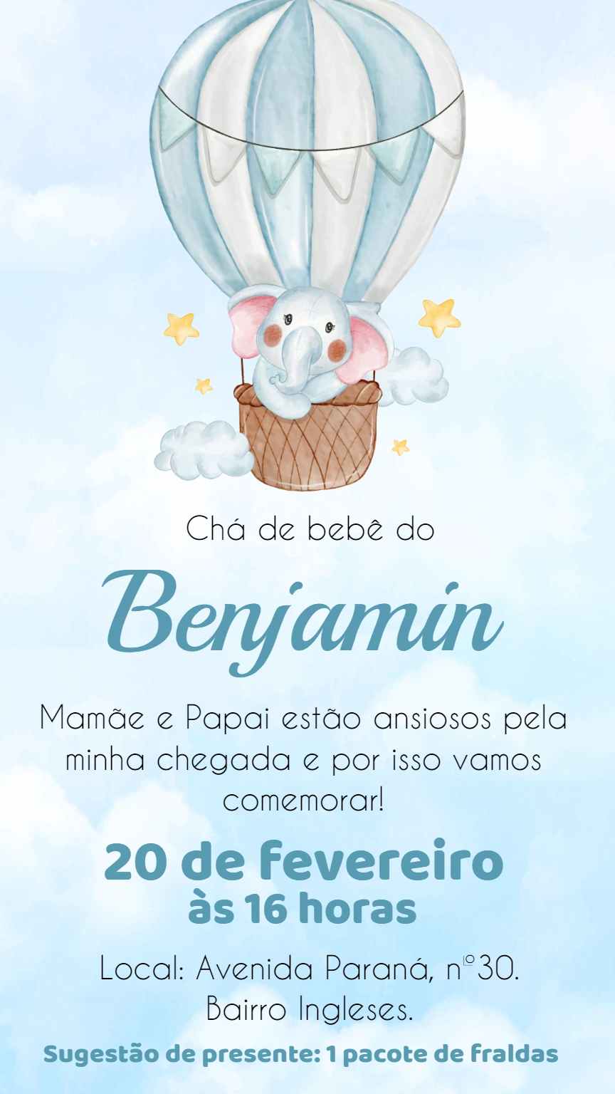 Convite Chá de Bebê Elefantinho Baloeiro para Editar Online