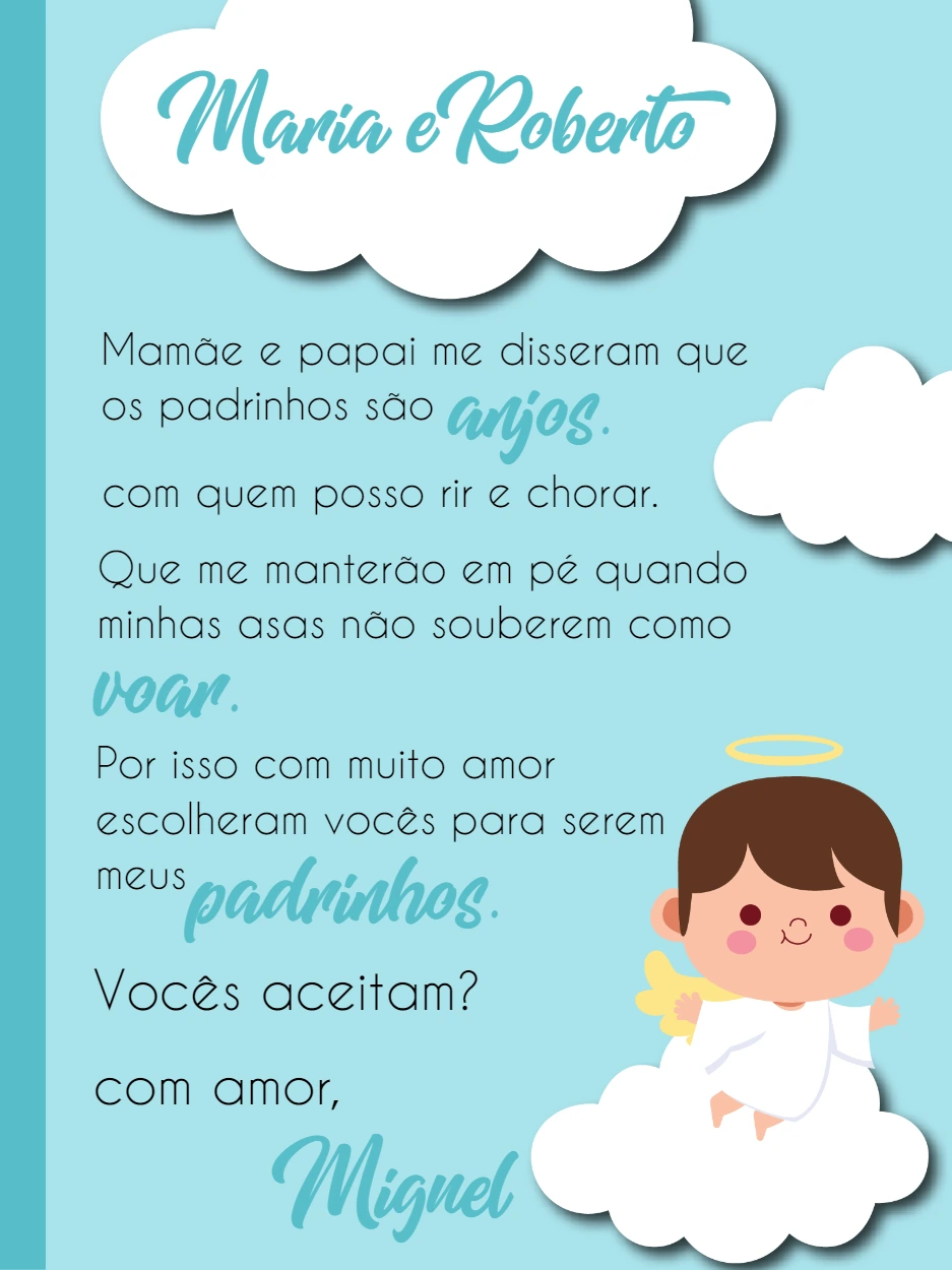 Convite para Padrinhos de Batismo Anjinho para Editar Online