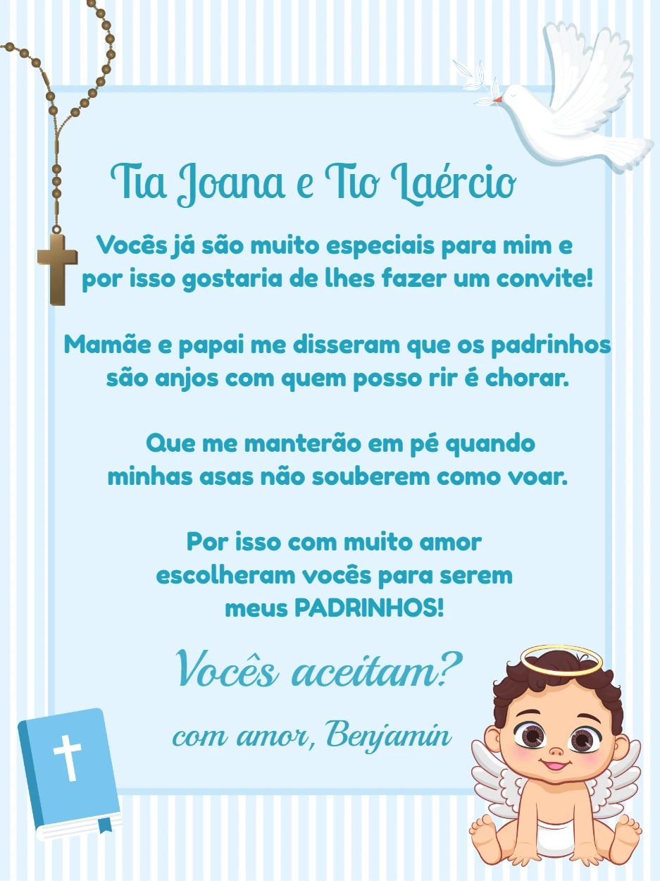Convite Padrinhos de Batismo Anjinho Azul Editável Online