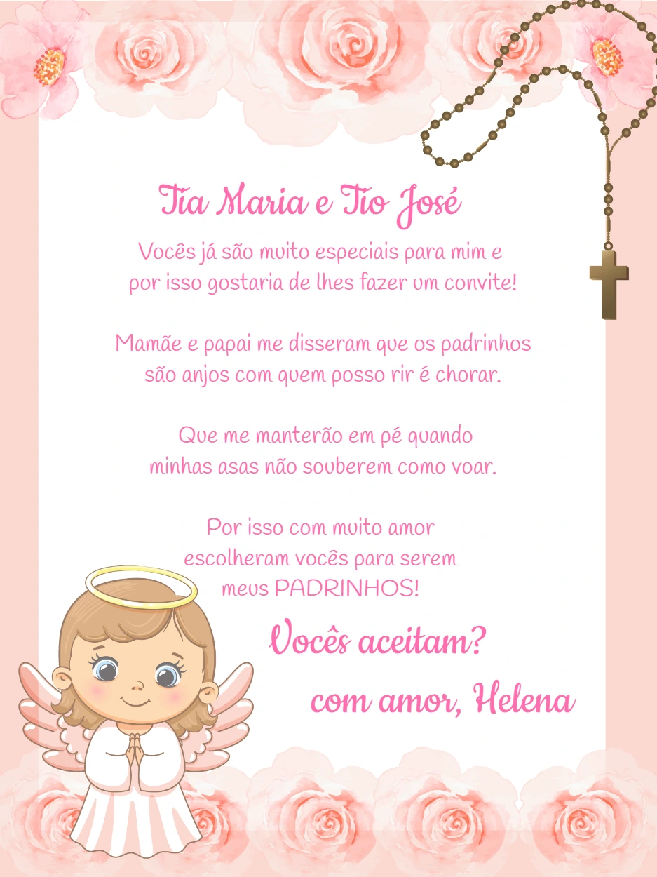 Convite Editável para Padrinhos de Batismo com Anjinha Rosa