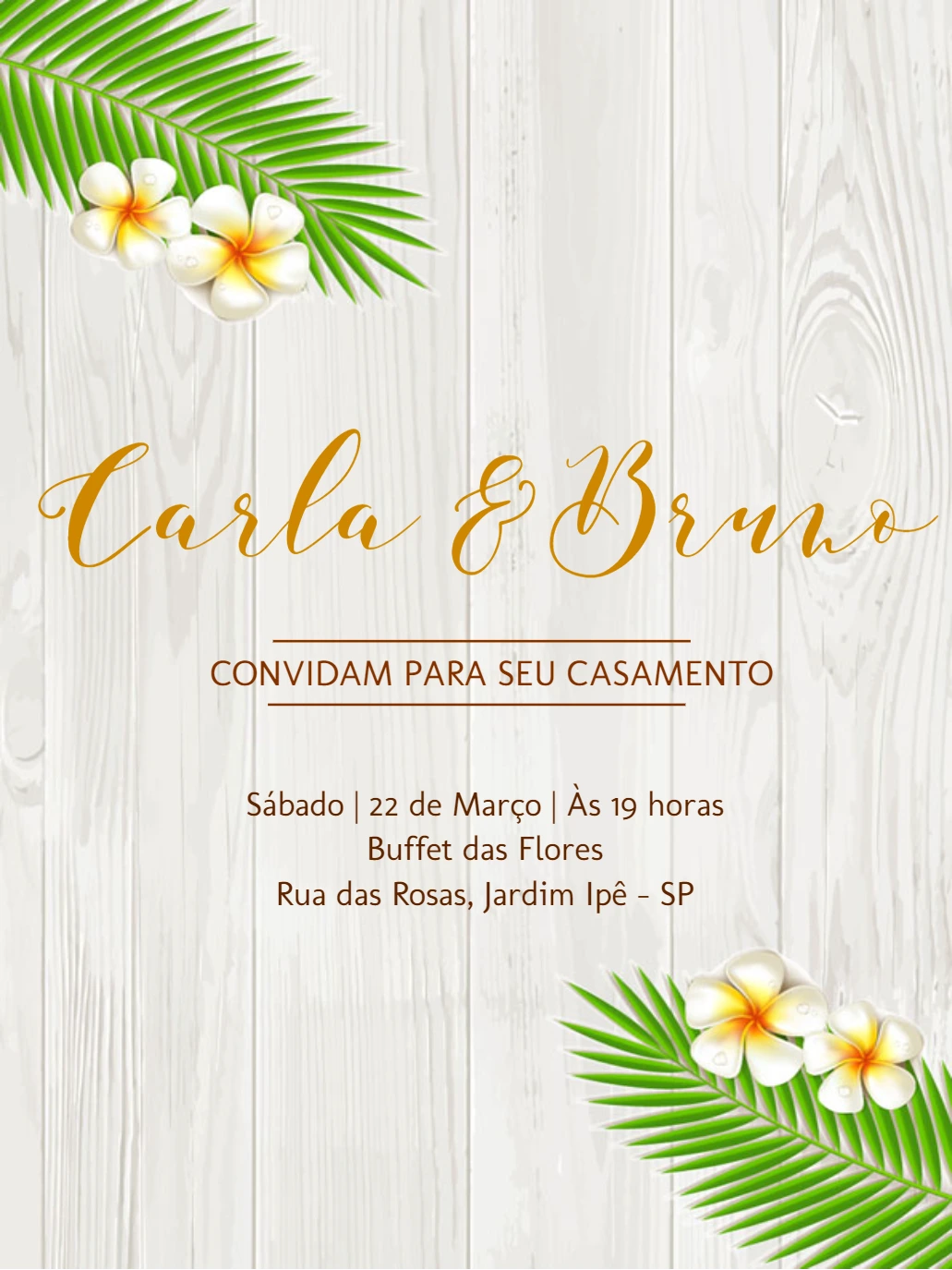 Convite de Casamento Tropical com Folhagem para Editar Online