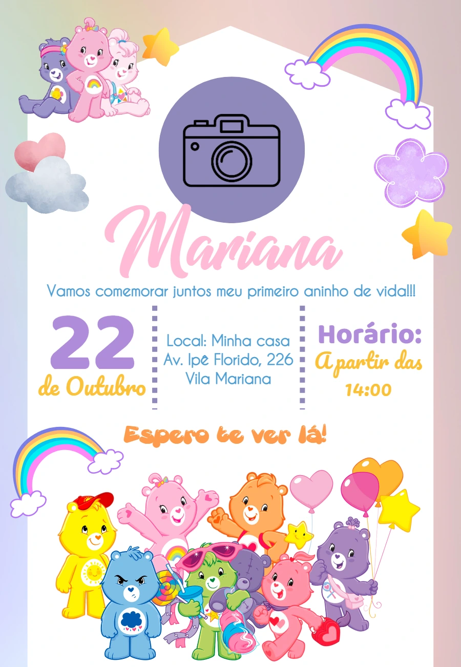 Convite Aniversário Ursinhos Carinhosos com Foto para Editar