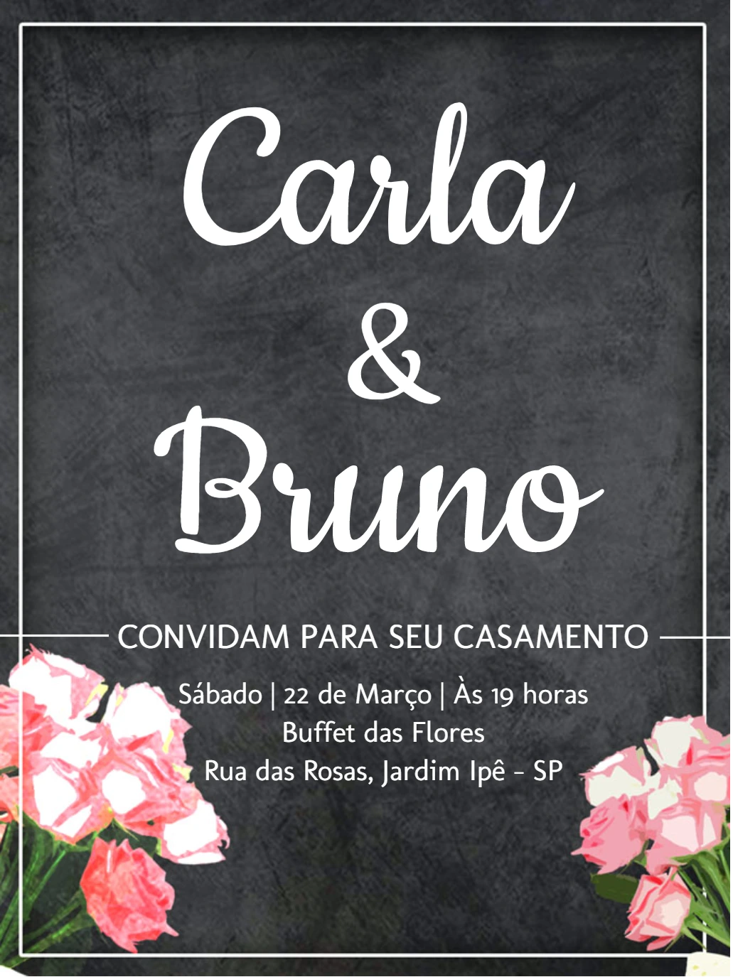 Convite de Casamento Chalkboard com Flores para Editar Online